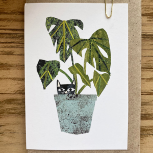 Meg Fatharly Cat in Monstera Pot Hand Embossed Card